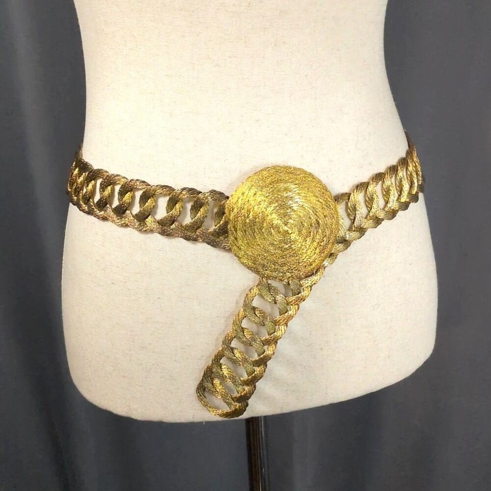 Vintage Gold Tone Braided Wire Metal Chain Belt Round Buckle Adjustable 34.5in